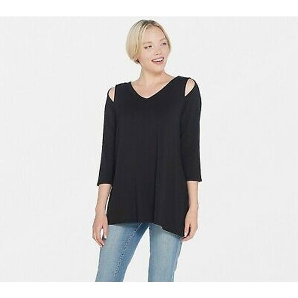 Belle by Kim Gravel Knit Top XXS Black Asymmetric Hem Slit Shoulder Detail NWOT - Picture 1 of 3